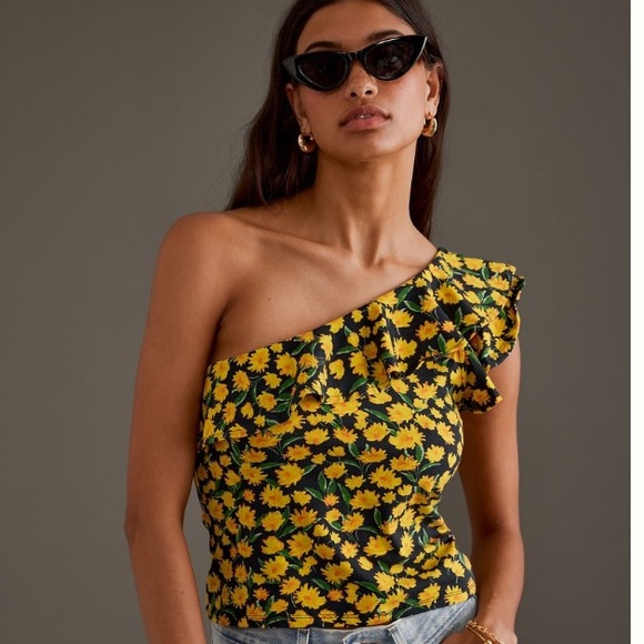 Anthropologie Tops - Anthropologie Maeve One-Shoulder Ruffled Top NWT Medium Floral Yellow Flowers